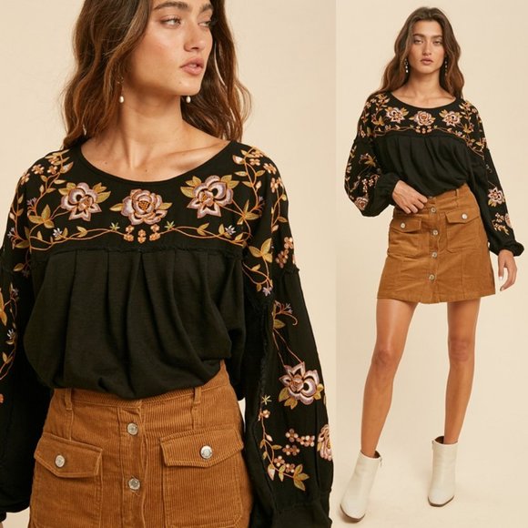 In Loom Tops - NEW Black Floral Embroidered Pleat BOHO Blouse Top